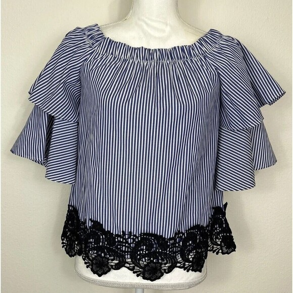 ZARA Blue & White Striped Off the Shoulder Puff Sleeve Lace Blouse Size Medium - Picture 2 of 13